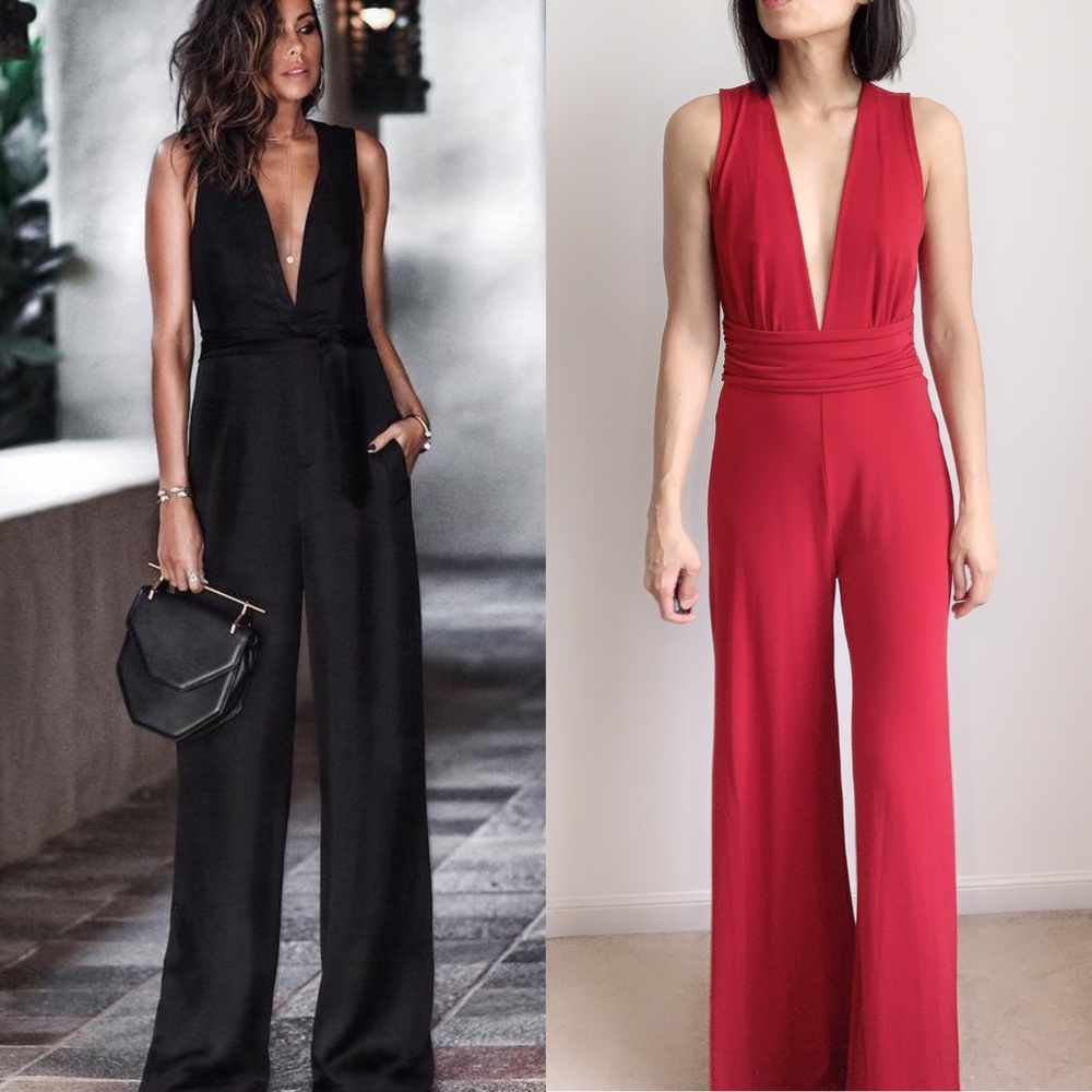 Deep V  Neckline Jumpsuit RED - Picture 7 of 7
